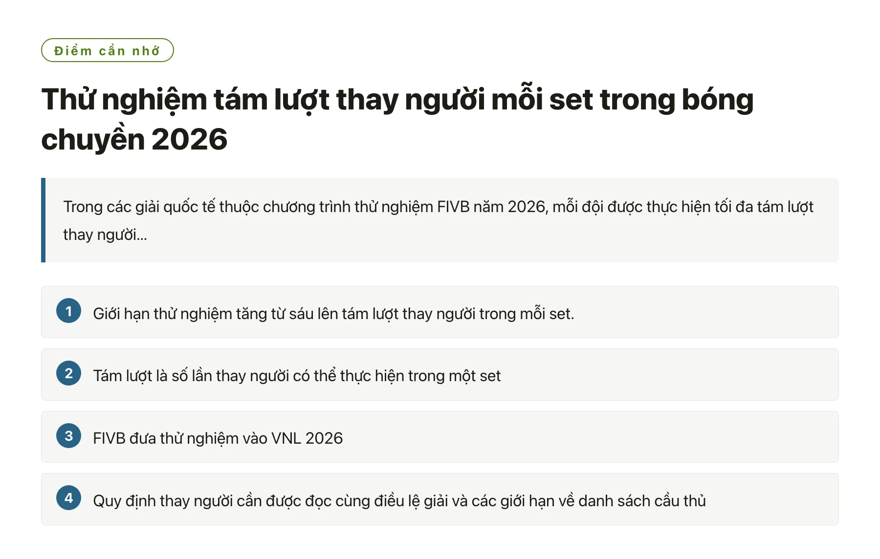 Thử nghiệm tám lượt thay người mỗi set trong bóng chuyền 2026——全文要点速览